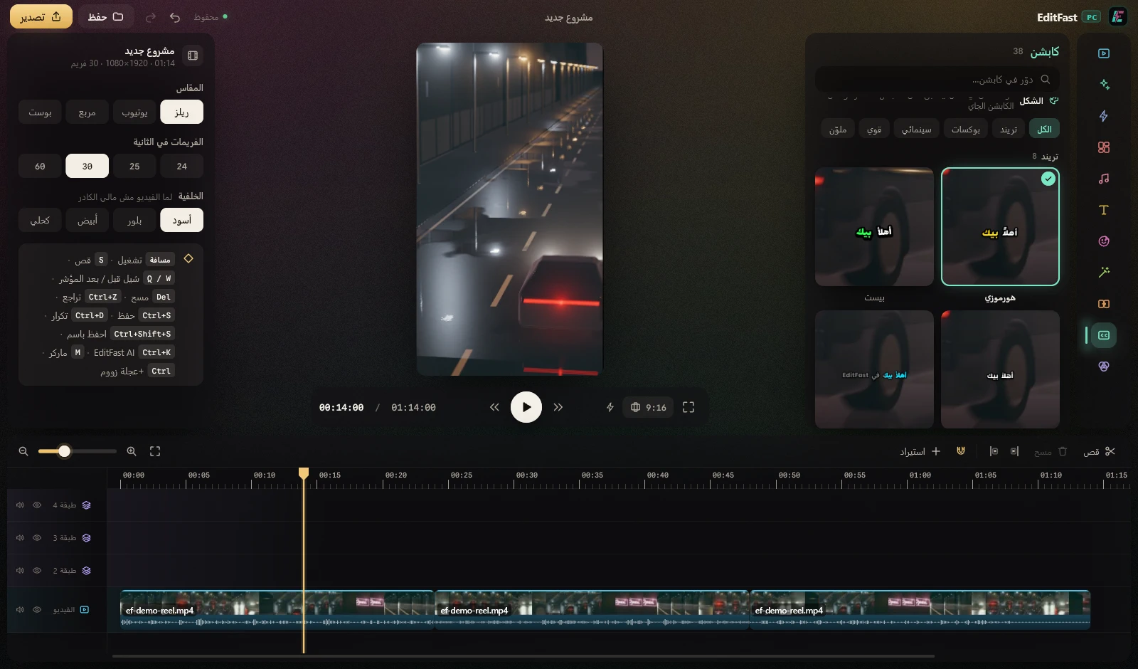 The caption styles gallery in EditFast PC beside the video